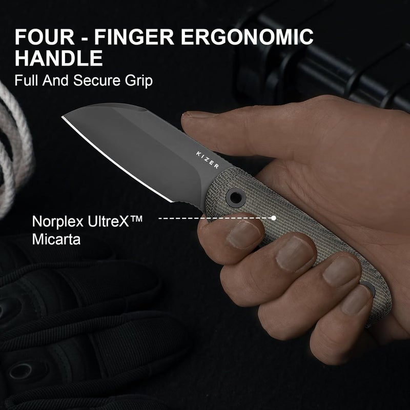 KIZER Drop Bear Fixed Blade Knife, 2.56" S45VN Matte DLC Ultra Blade EDC Camping Knife with Norplex UltreX™ Green Micarta Handle & Built-in Tools, Hunting Survival Knives with Kydex Sheath, 1093A3 - Image 5